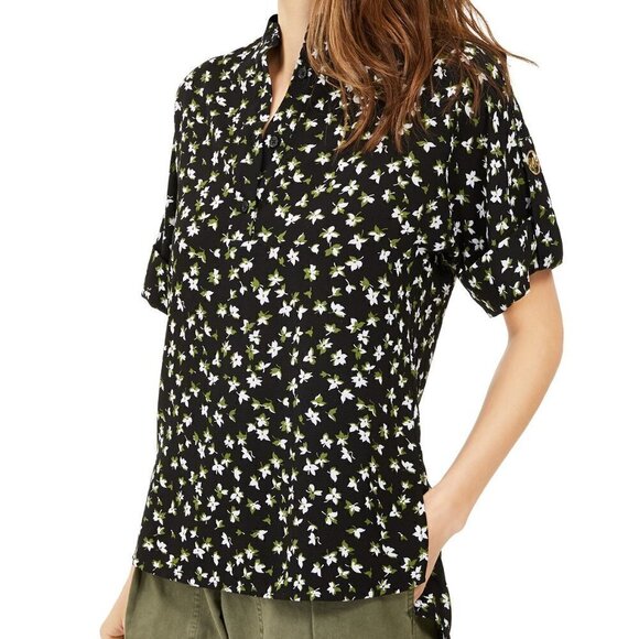 MICHAEL Michael Kors Tops - A117 Floral-Print Roll-Sleeve Top Petite L
